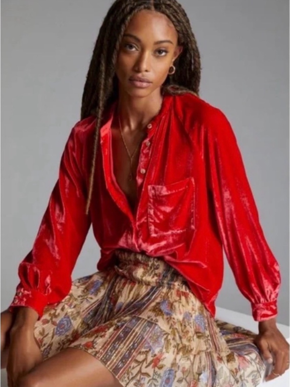 Anthropologie Pilcro NWT Red Velvet  Blouse Button Down Romantic Top Size Small